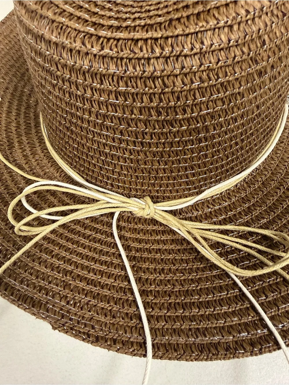 ROYAL Brown Beaded Silver Tone Chain Triple Cord Tie Coastal Boho Straw Sun Hat